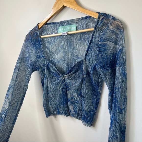 Mia Vesper Top Medium Blue Metallic Slinky Ballerina Babydoll Crop Top NWOT - Picture 4 of 7